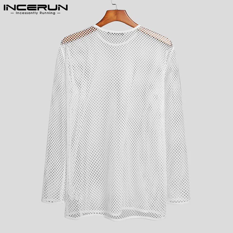 Fashion Men T Shirt Mesh O Neck See Through Streetwear Long Sleeve Tee