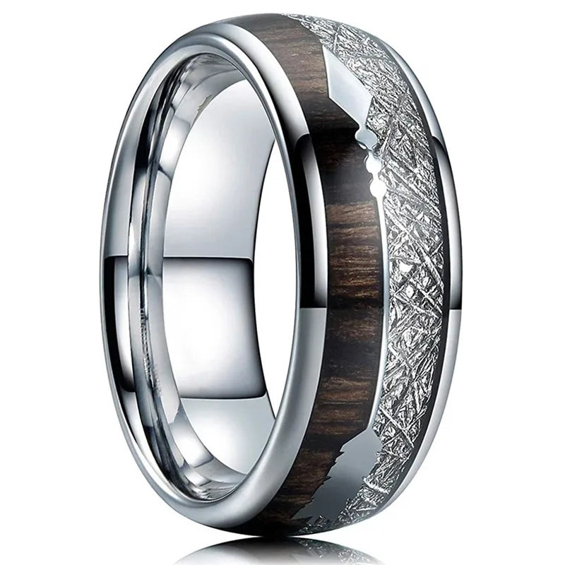 Fashion 8mm Black Stainless Steel Guitar String Rings for Men Whiskey Barrel Wood Inlay Guitarist Ring Men Wedding Band Jewelry