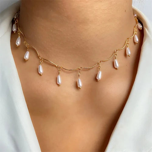 FNIO Pearl Chain Choker Necklace For Women Collar Goth Necklaces