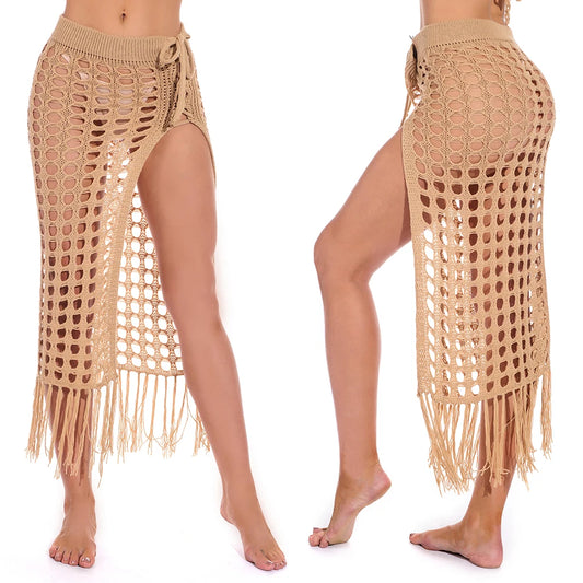 Women’s Sexy Sheer Hollow Out Beach Maxi Knit Skirt Split Tassels