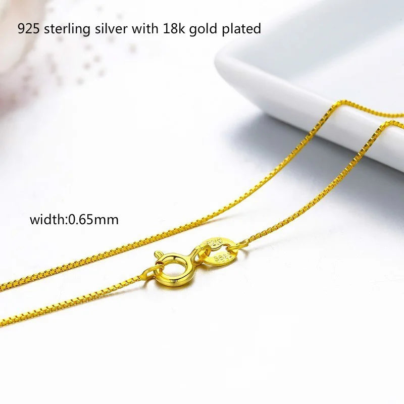 35cm-80cm 0.65mm Thin Real 925 Sterling Silver Gold Color Slim Box Chain Necklace Womens Girls Mens Jewelry kolye collares