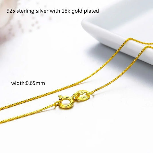 35cm-80cm 0.65mm Thin Real 925 Sterling Silver Gold Color Slim Box Chain Necklace Womens Girls Mens Jewelry kolye collares