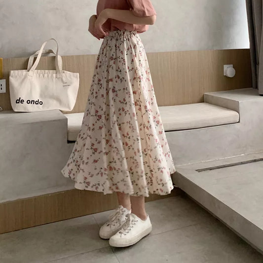 Vintage Floral Print A-line Pleated Long Skirts Summer Women 2023