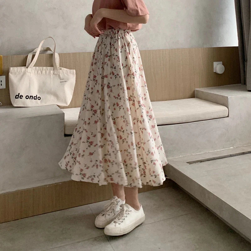 Vintage Floral Print A-line Pleated Long Skirts Summer Women 2024
