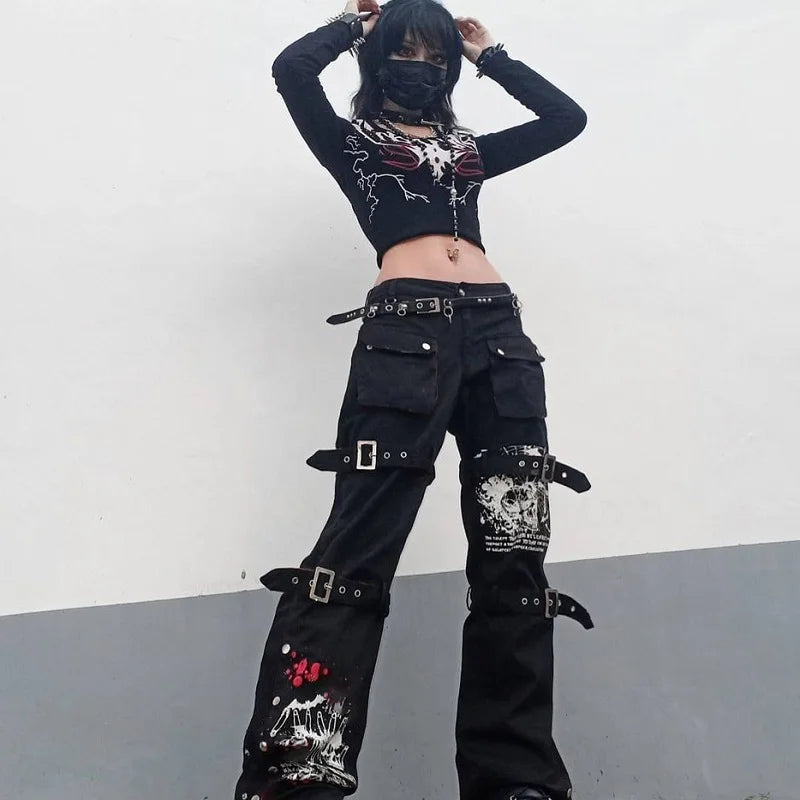 E-girl Gothic Black Cargo Pants Capri Women Low Waist Jeans Long