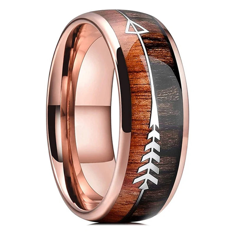 Fashion 8mm Black Stainless Steel Guitar String Rings for Men Whiskey Barrel Wood Inlay Guitarist Ring Men Wedding Band Jewelry