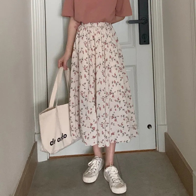 Vintage Floral Print A-line Pleated Long Skirts Summer Women 2023