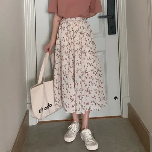 Vintage Floral Print A-line Pleated Long Skirts Summer Women 2023