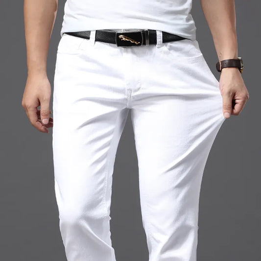 Men White Jeans Fashion Casual Classic Style Slim Fit Soft Trousers