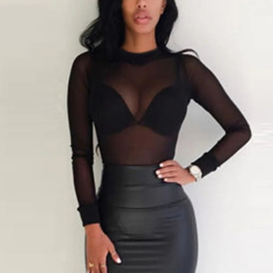 Sexy Women T Shirt See Through Transparent Mesh Tops Long Sleeve Sheer