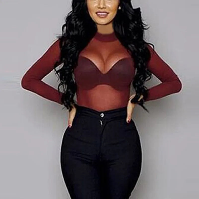 Sexy Women T Shirt See Through Transparent Mesh Tops Long Sleeve Sheer