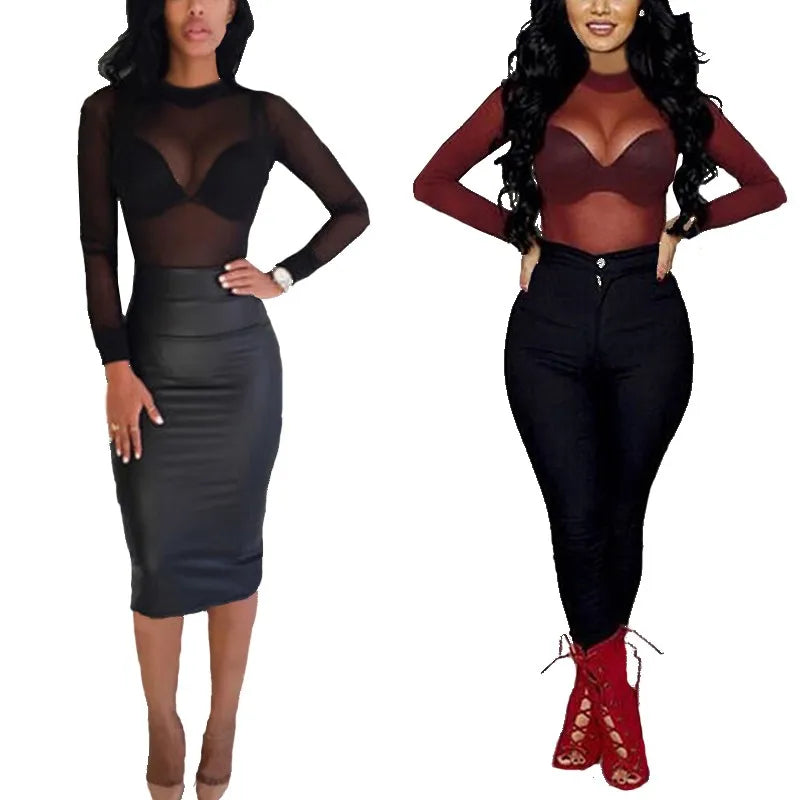 Sexy Women T Shirt See Through Transparent Mesh Tops Long Sleeve Sheer