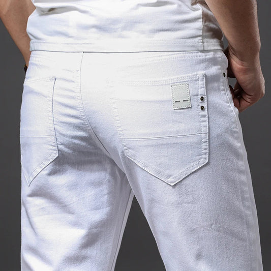 Men White Jeans Fashion Casual Classic Style Slim Fit Soft Trousers