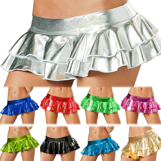Glitter PU Leather Low Waist Falbala Tiered Single Layered Skirt Hot