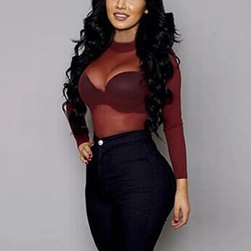 Sexy Women T Shirt See Through Transparent Mesh Tops Long Sleeve Sheer