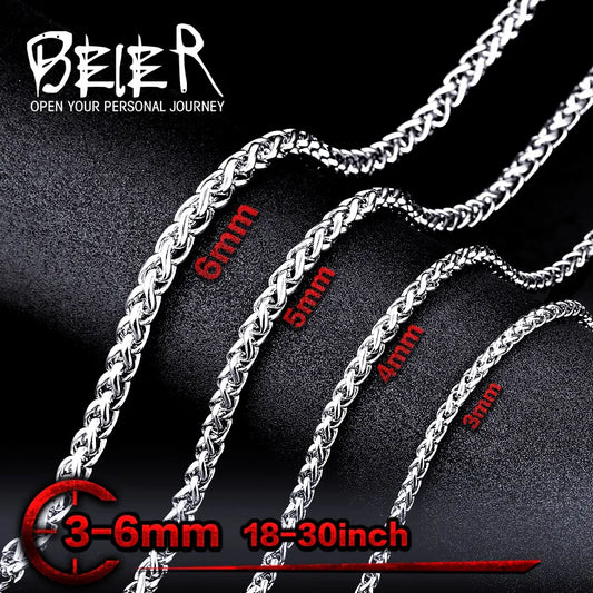 Beier 3mm/4mm/5mm/6mm Width 316L Stainless Steel Men Boy Wheat Link Necklace Chain Silver Color BN1006 ( 20-32 Inch )