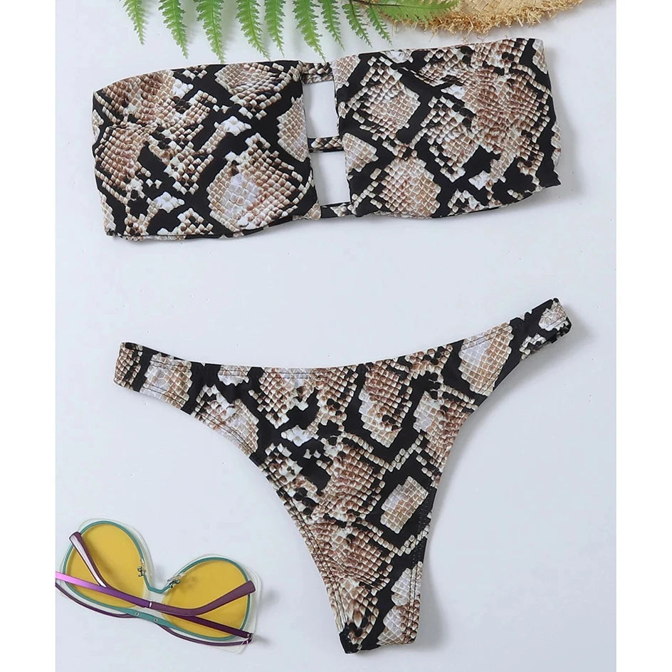 Sexy Snake Print Bikini 2024 Bandeau Swimsuit Women`s Swimwear Female