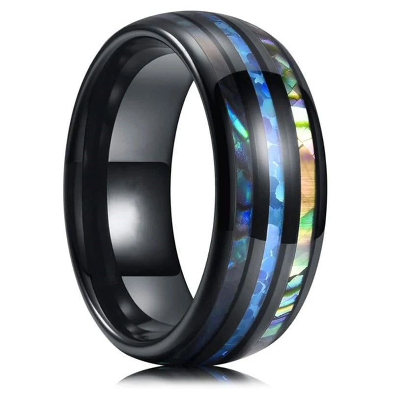 Fashion 8mm Black Stainless Steel Guitar String Rings for Men Whiskey Barrel Wood Inlay Guitarist Ring Men Wedding Band Jewelry
