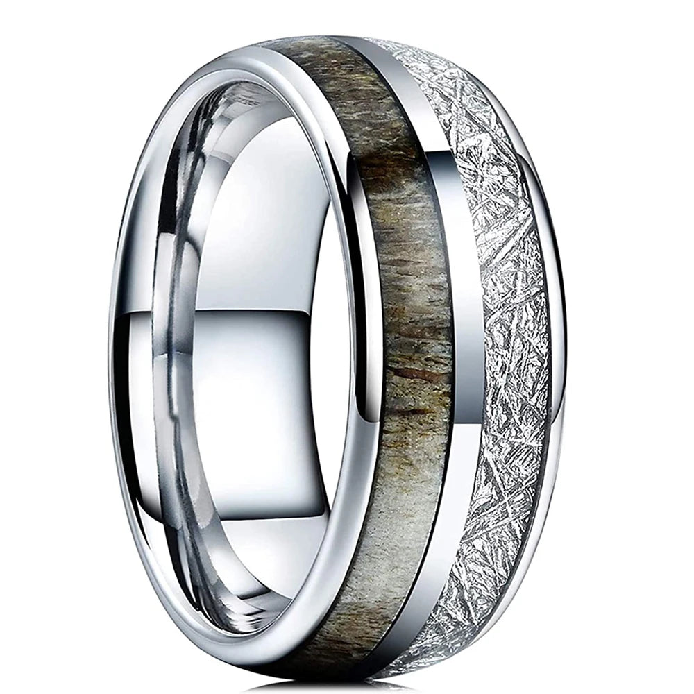 Fashion 8mm Black Stainless Steel Guitar String Rings for Men Whiskey Barrel Wood Inlay Guitarist Ring Men Wedding Band Jewelry
