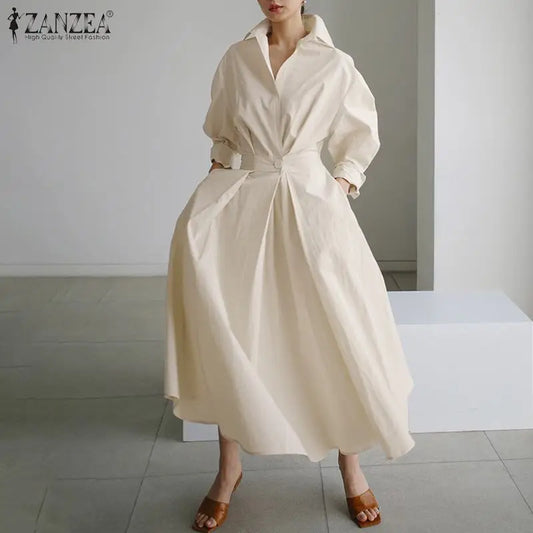 Women Autumn Sundress ZANZEA 2023 Elegant Shirt Dress Solid Long