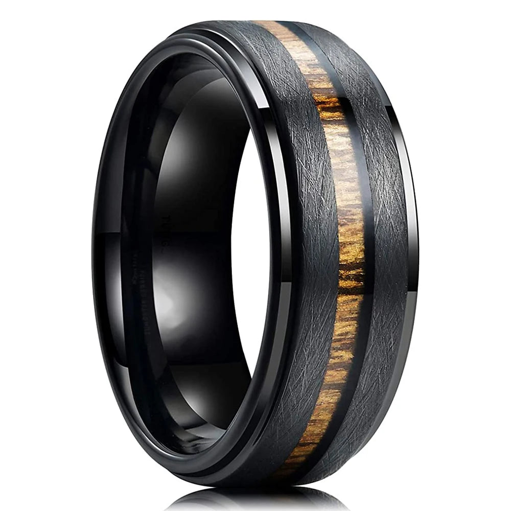 Fashion 8mm Black Stainless Steel Guitar String Rings for Men Whiskey Barrel Wood Inlay Guitarist Ring Men Wedding Band Jewelry