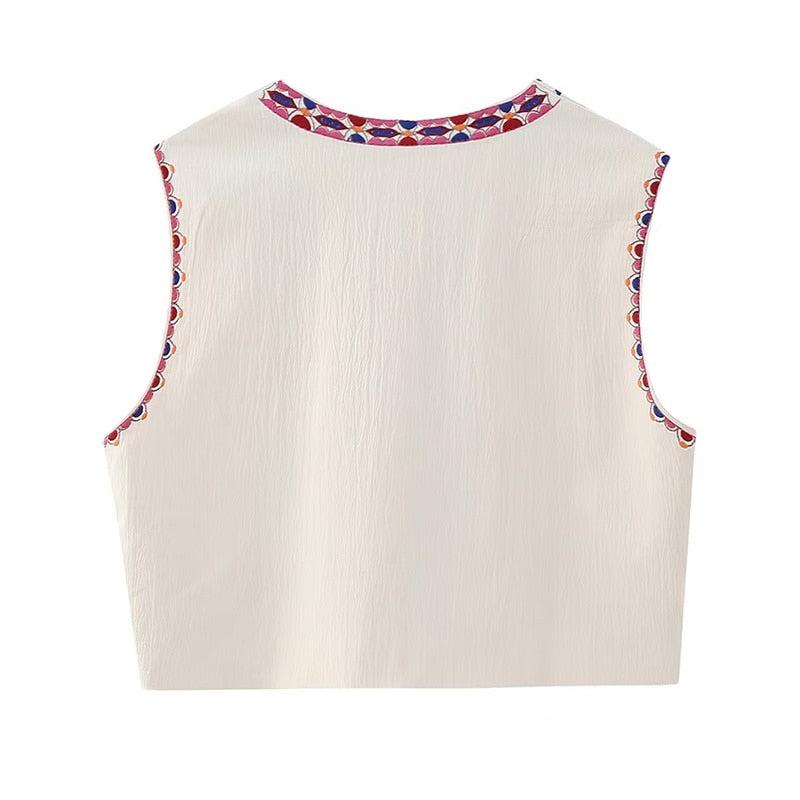 Keyanketian Women Vintage Floral Embroidered Open Waistcoat Ladies