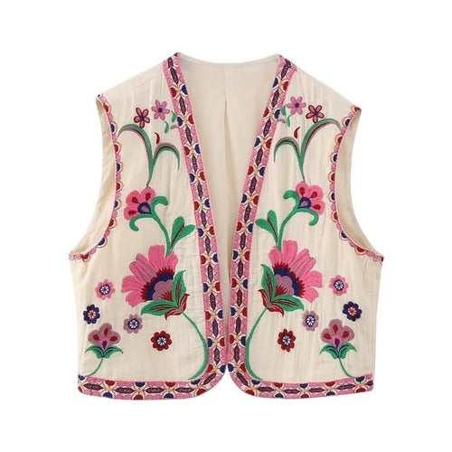 Keyanketian Women Vintage Floral Embroidered Open Waistcoat Ladies