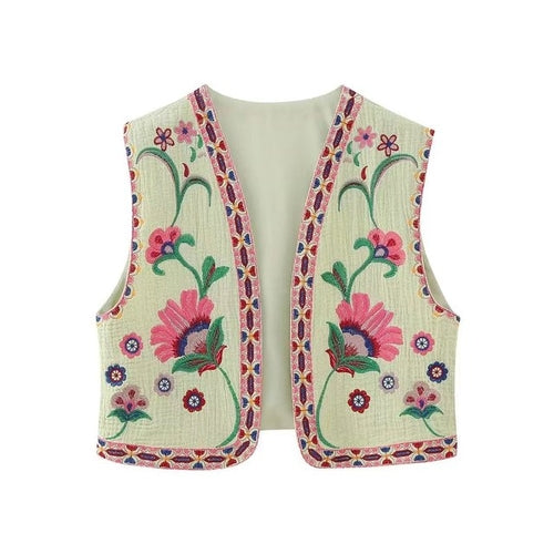 Keyanketian Women Vintage Floral Embroidered Open Waistcoat Ladies