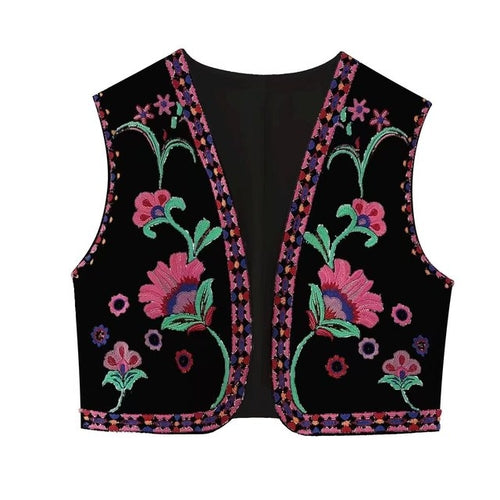 Keyanketian Women Vintage Floral Embroidered Open Waistcoat Ladies