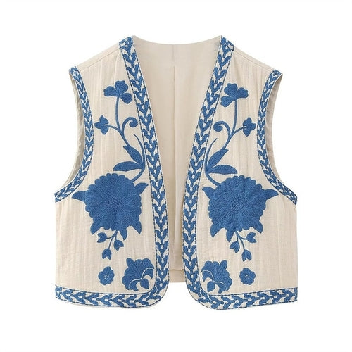 Keyanketian Women Vintage Floral Embroidered Open Waistcoat Ladies