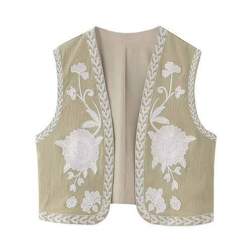 Keyanketian Women Vintage Floral Embroidered Open Waistcoat Ladies