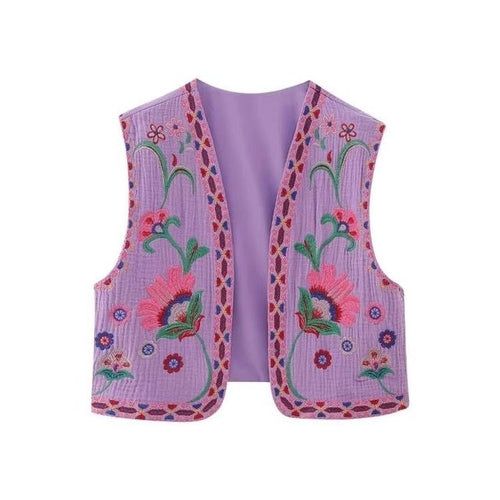 Keyanketian Women Vintage Floral Embroidered Open Waistcoat Ladies