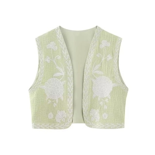 Keyanketian Women Vintage Floral Embroidered Open Waistcoat Ladies
