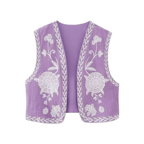 Keyanketian Women Vintage Floral Embroidered Open Waistcoat Ladies