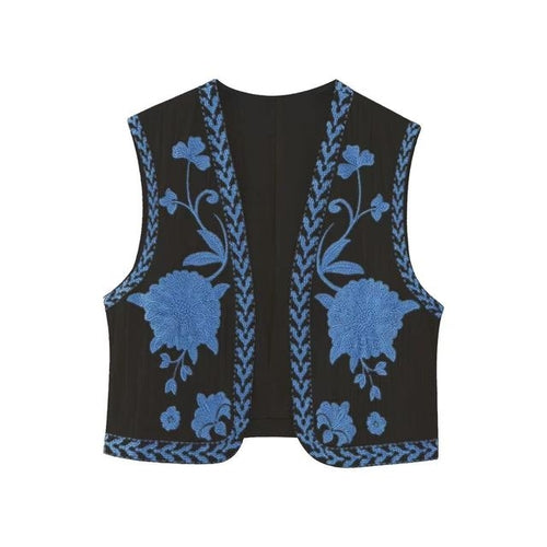 Keyanketian Women Vintage Floral Embroidered Open Waistcoat Ladies