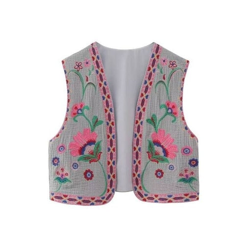 Keyanketian Women Vintage Floral Embroidered Open Waistcoat Ladies