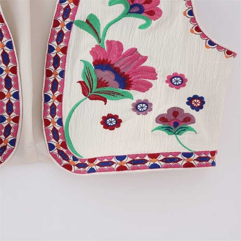 Keyanketian Women Vintage Floral Embroidered Open Waistcoat Ladies