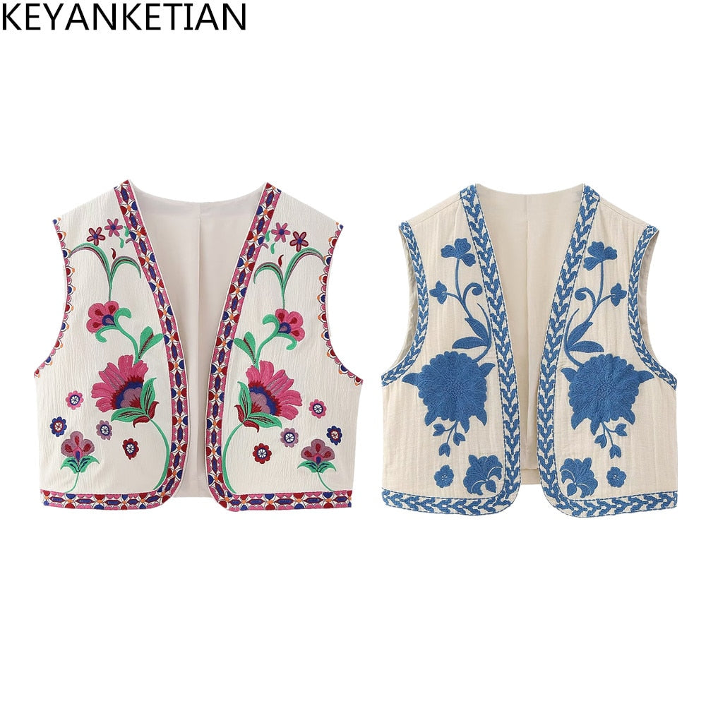 Keyanketian Women Vintage Floral Embroidered Open Waistcoat Ladies