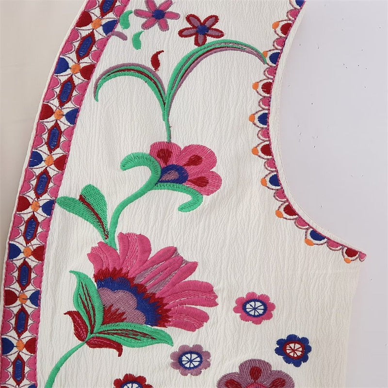 Keyanketian Women Vintage Floral Embroidered Open Waistcoat Ladies
