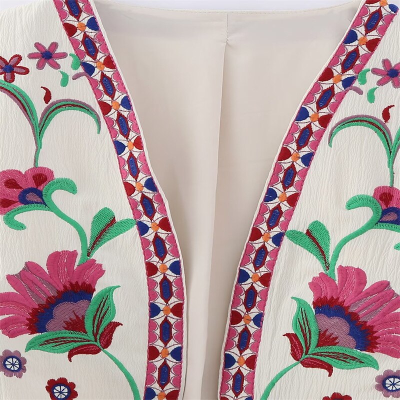 Keyanketian Women Vintage Floral Embroidered Open Waistcoat Ladies