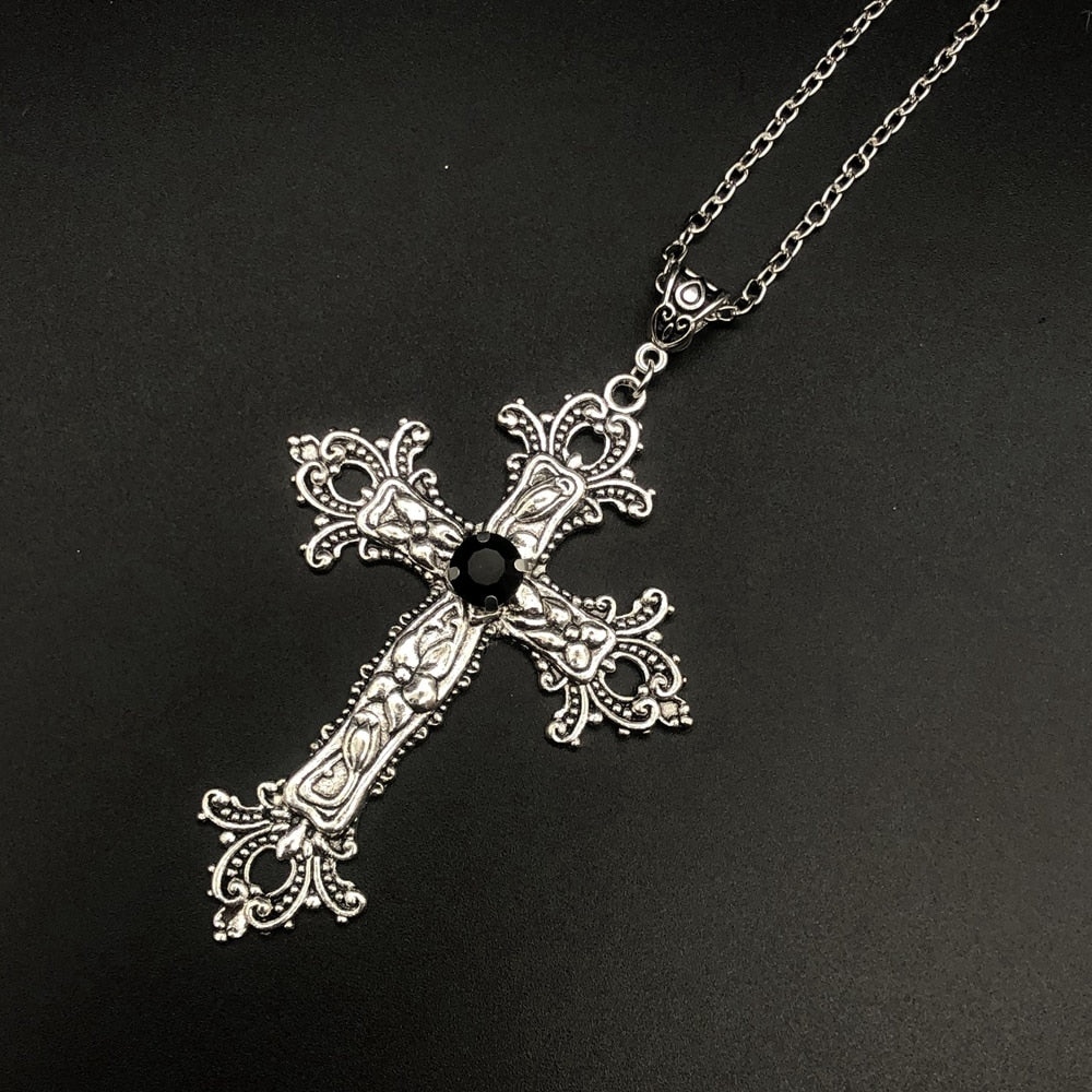 Large Detailed Cross Drill Pendant Jewel Necklace Silver Color Tone