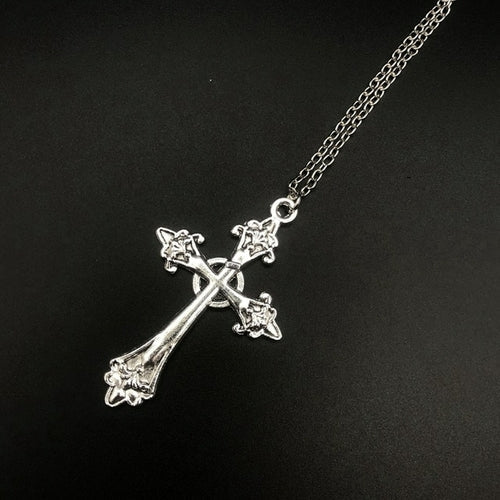 Large Detailed Cross Drill Pendant Jewel Necklace Silver Color Tone