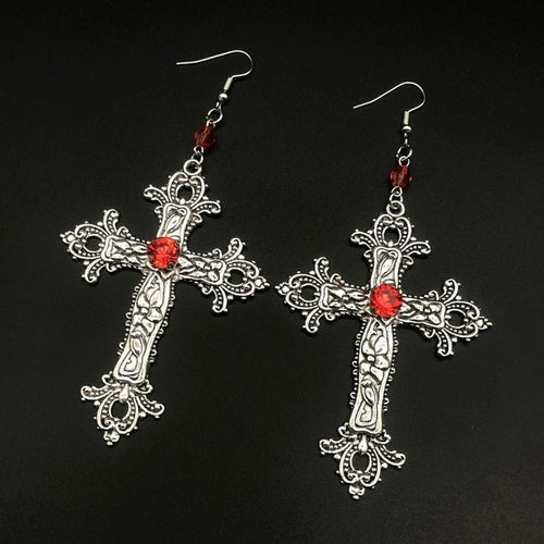 Large Detailed Cross Drill Pendant Jewel Necklace Silver Color Tone