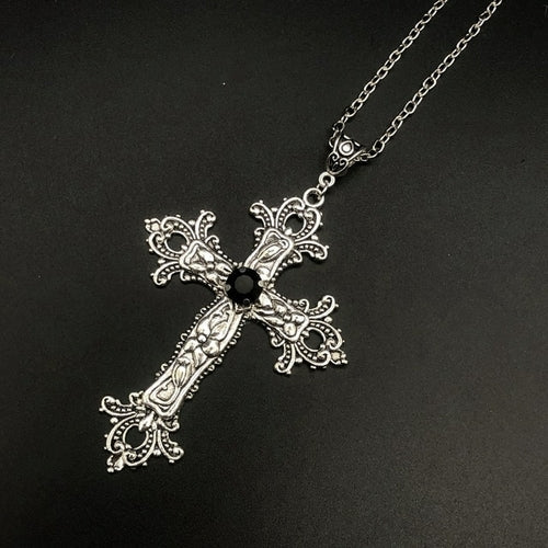 Large Detailed Cross Drill Pendant Jewel Necklace Silver Color Tone