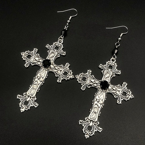Large Detailed Cross Drill Pendant Jewel Necklace Silver Color Tone