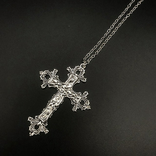 Large Detailed Cross Drill Pendant Jewel Necklace Silver Color Tone