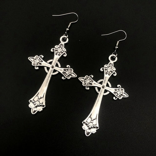 Large Detailed Cross Drill Pendant Jewel Necklace Silver Color Tone