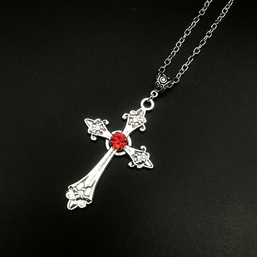 Large Detailed Cross Drill Pendant Jewel Necklace Silver Color Tone