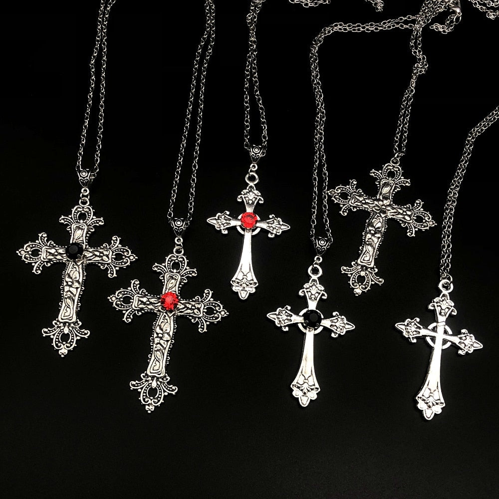 Large Detailed Cross Drill Pendant Jewel Necklace Silver Color Tone