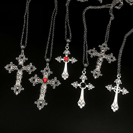 Large Detailed Cross Drill Pendant Jewel Necklace Silver Color Tone